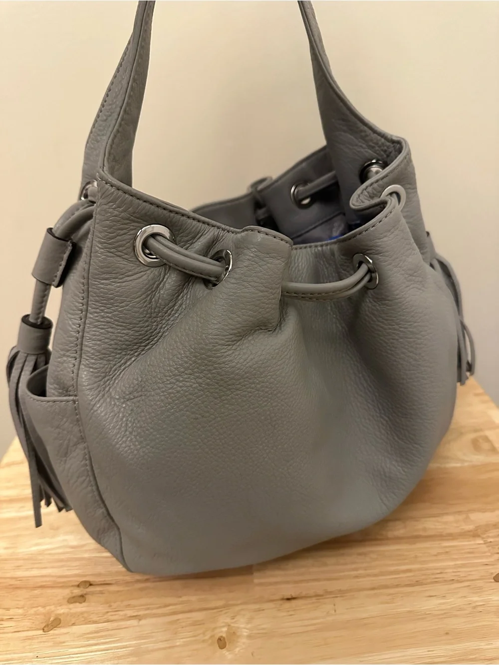 Michael Kors Gray Pebbled Leather Drawstring Hobo with Tassel